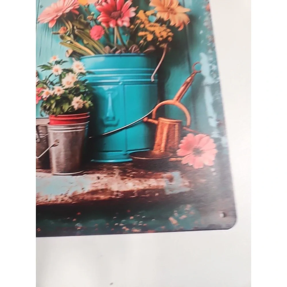 Vintage Style Metal Tin Sign Rustic Garden Flowers Watering Can Tools Wall Decor